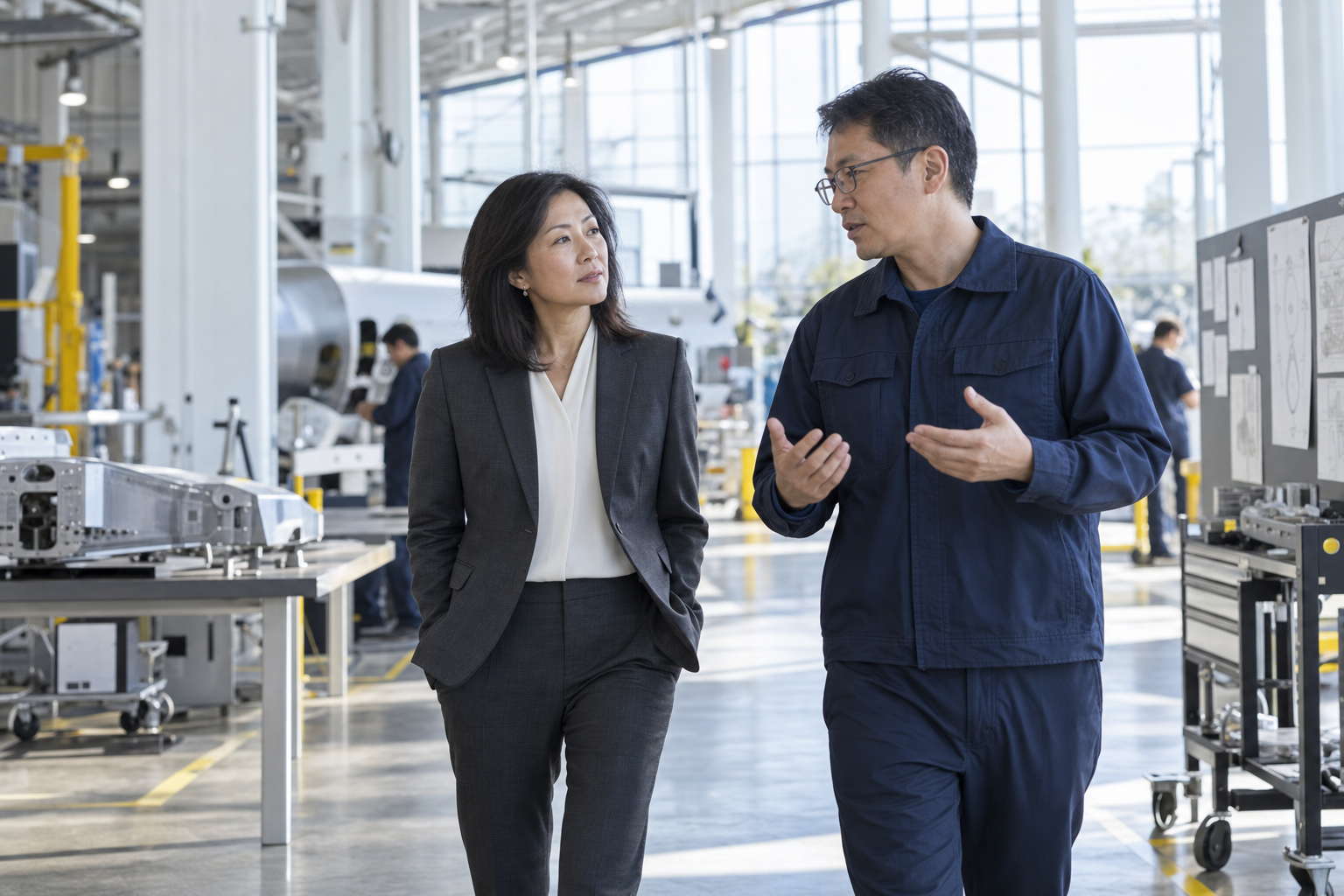 A B2B executive learning from a customer technical leader during a site visit