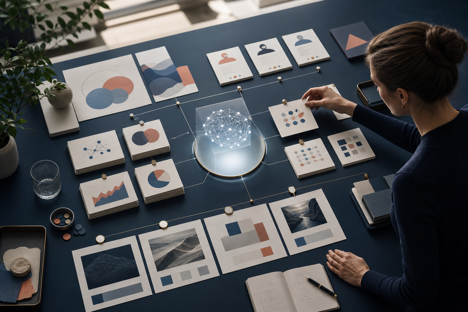 A human strategist arranging audience evidence, channels, and measurement around an AI-assisted content operating system