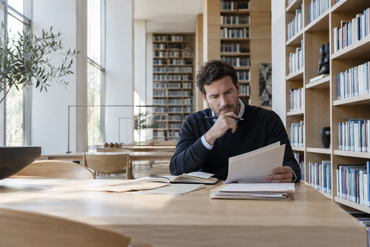A strategy lead studying a B2B market map in a bright research studio