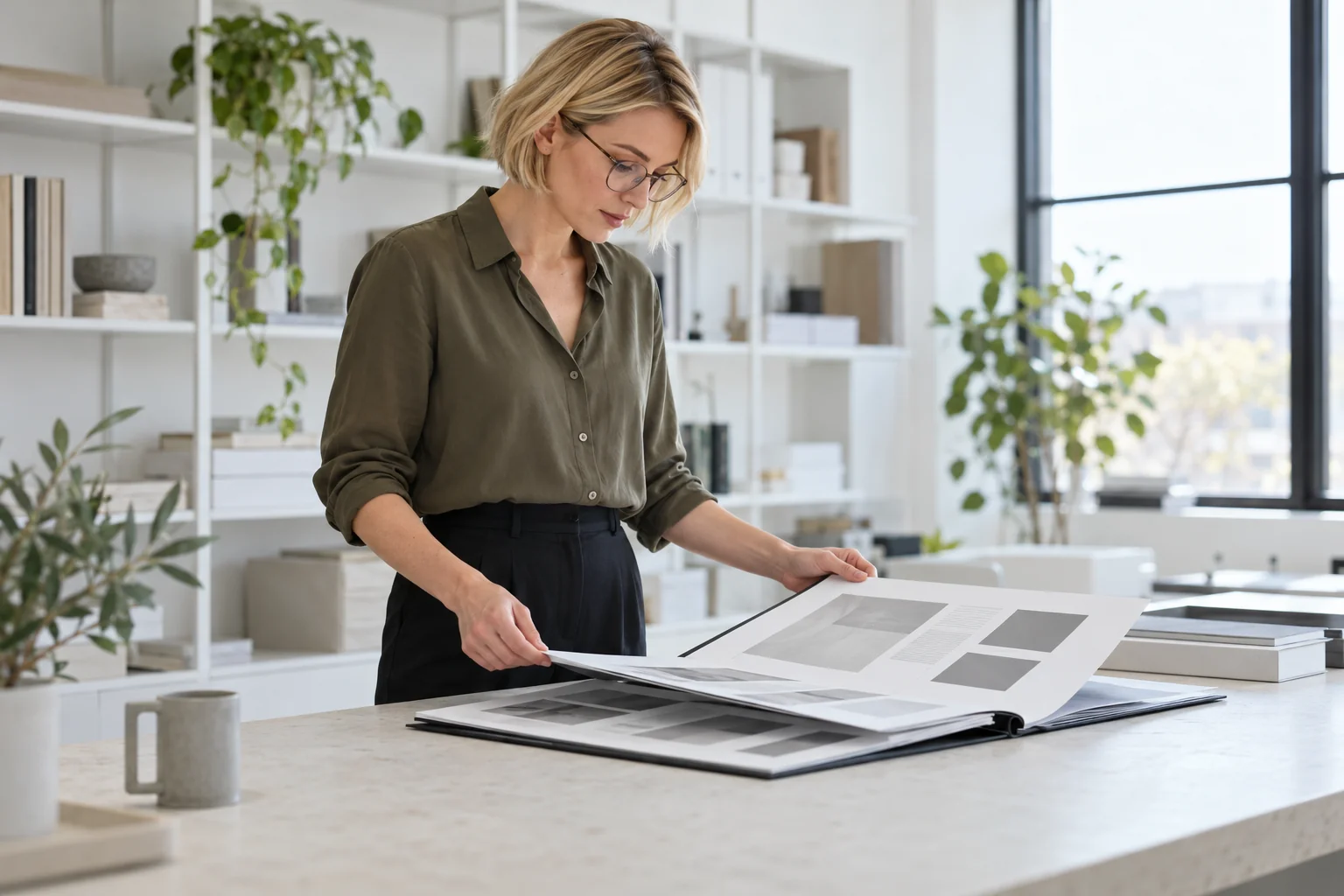 An editorial professional reviewing printed page layouts in an open portfolio