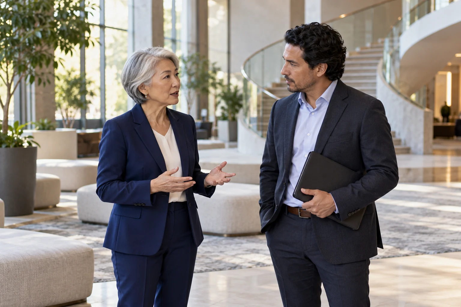 Two professionals discussing work while standing in a bright conference lobby