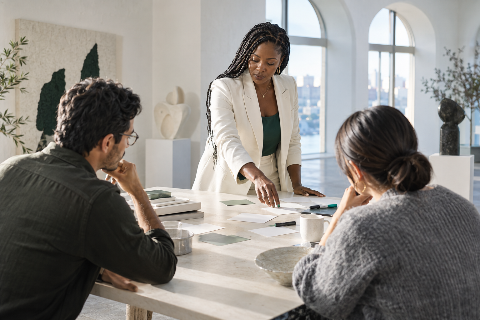 An operations leader facilitating a buyer-decision workshop in a light-filled gallery setting