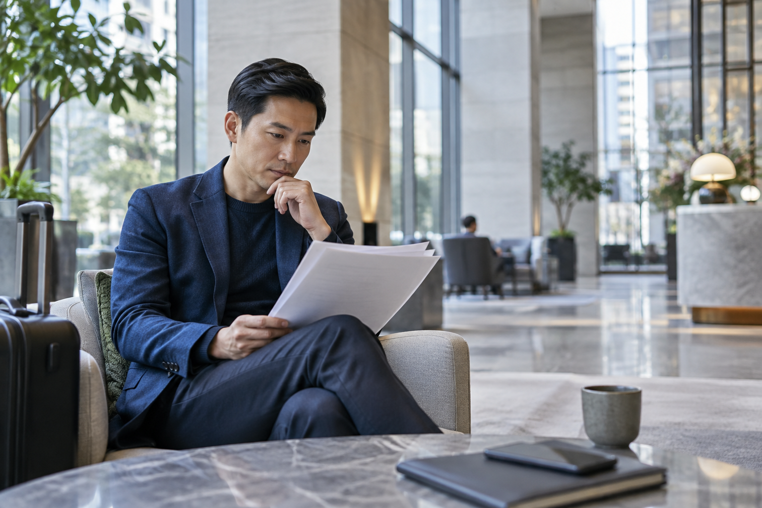 An executive reviewing an unbranded vendor proposal in a contemporary lobby