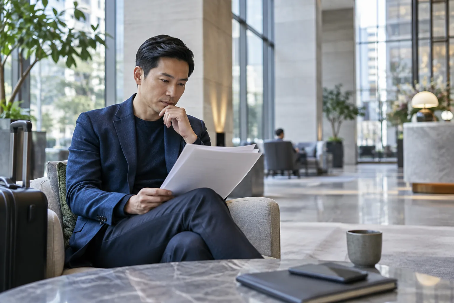 An executive reviewing an unbranded vendor proposal in a contemporary lobby
