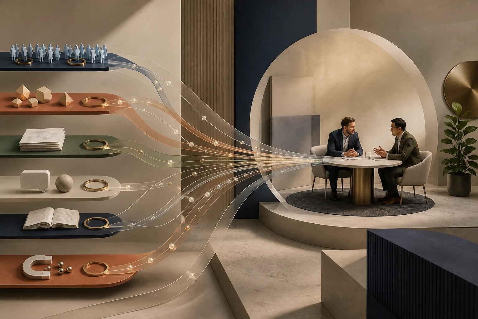 Several demand-generation channels converging into a focused business conversation