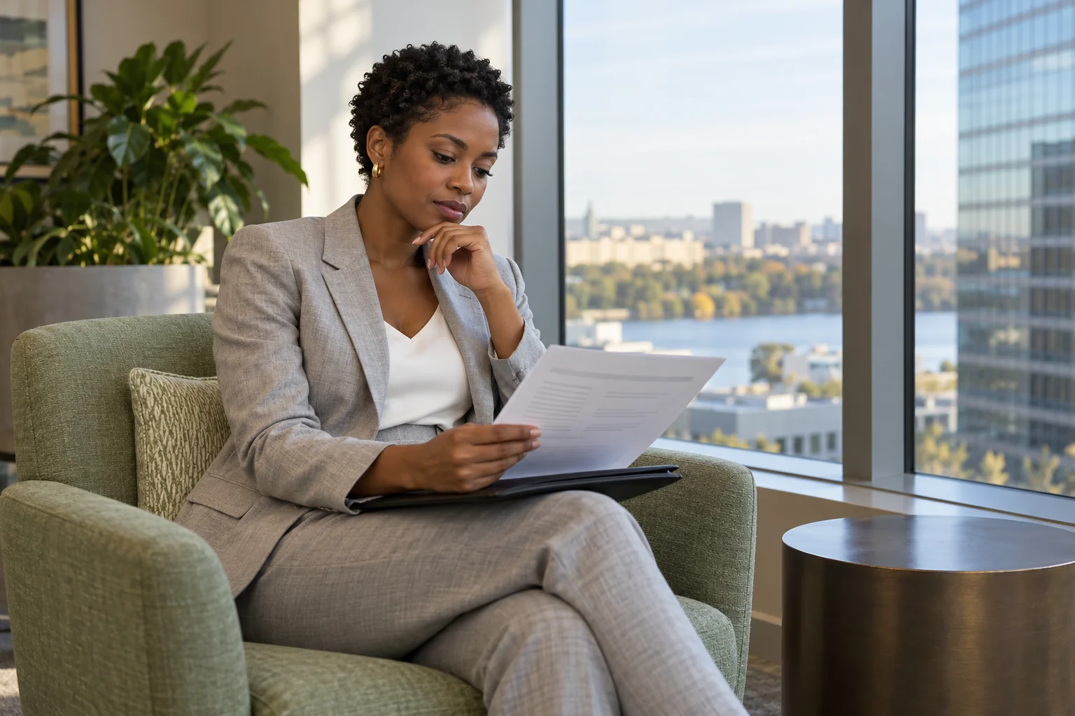 A professional reading a printed worksheet supported on a portfolio beside an office window