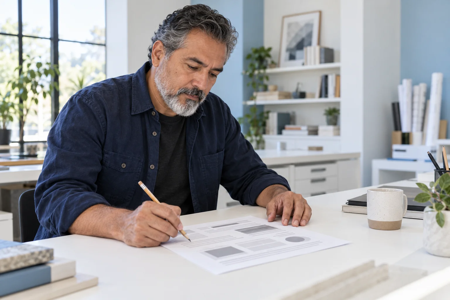 A consultant reviewing a printed worksheet at a bright studio workbench