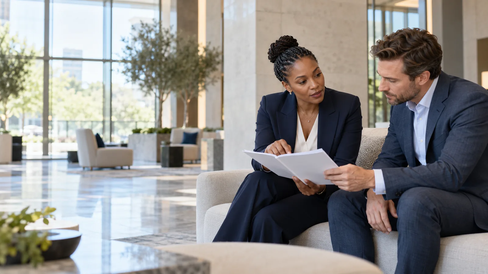 A B2B marketing consultant and a client reviewing commercial priorities in a bright executive lobby