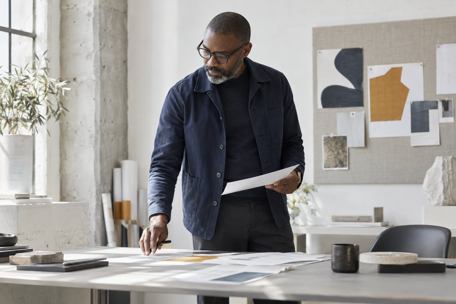 A B2B advisor preparing for a client working session in a daylight design studio