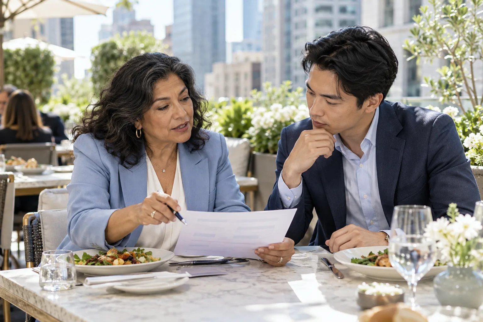 A senior consultant and a founder reviewing a concise commercial decision brief during a working lunch