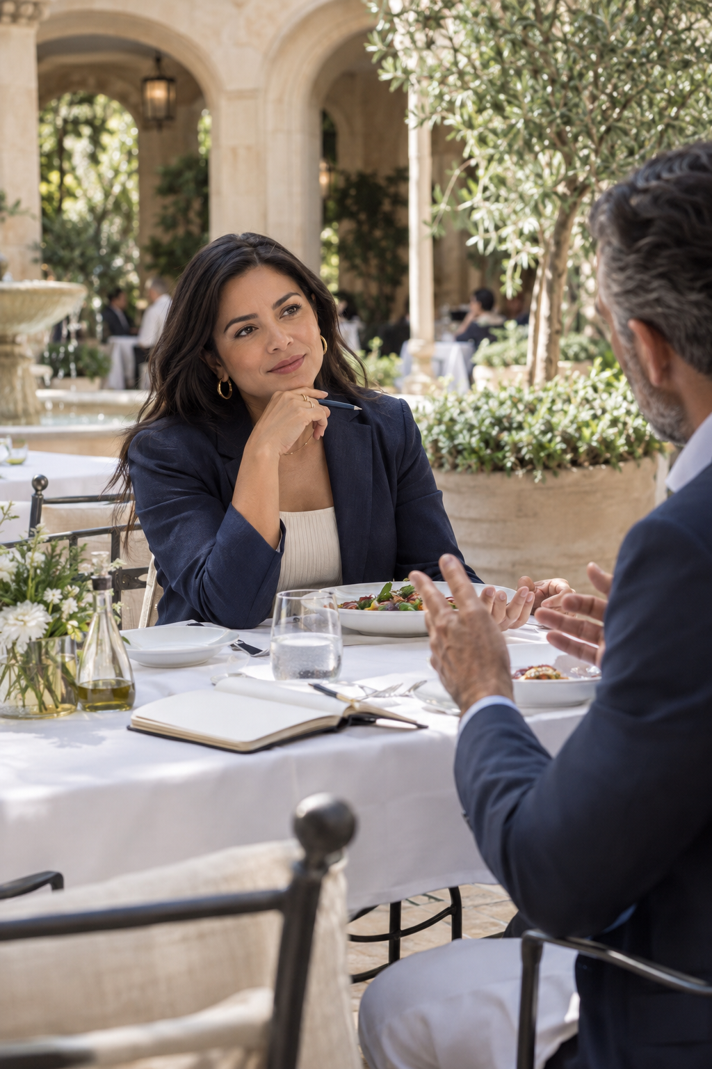 A marketing consultant reviewing a commercial decision brief with a founder during a working lunch