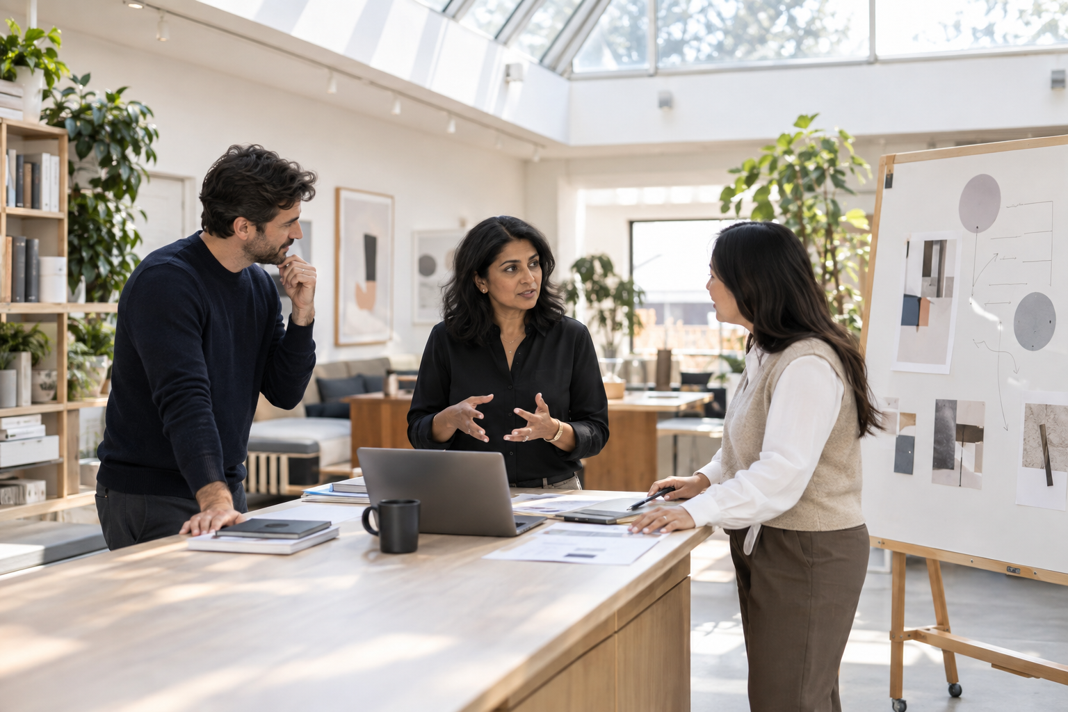 A senior operations executive facilitating a focused cross-functional workshop in a bright design studio