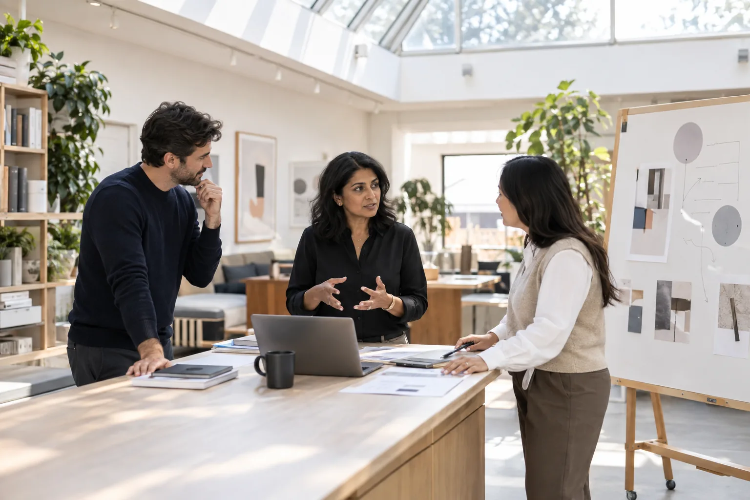 A senior operations executive facilitating a focused cross-functional workshop in a bright design studio
