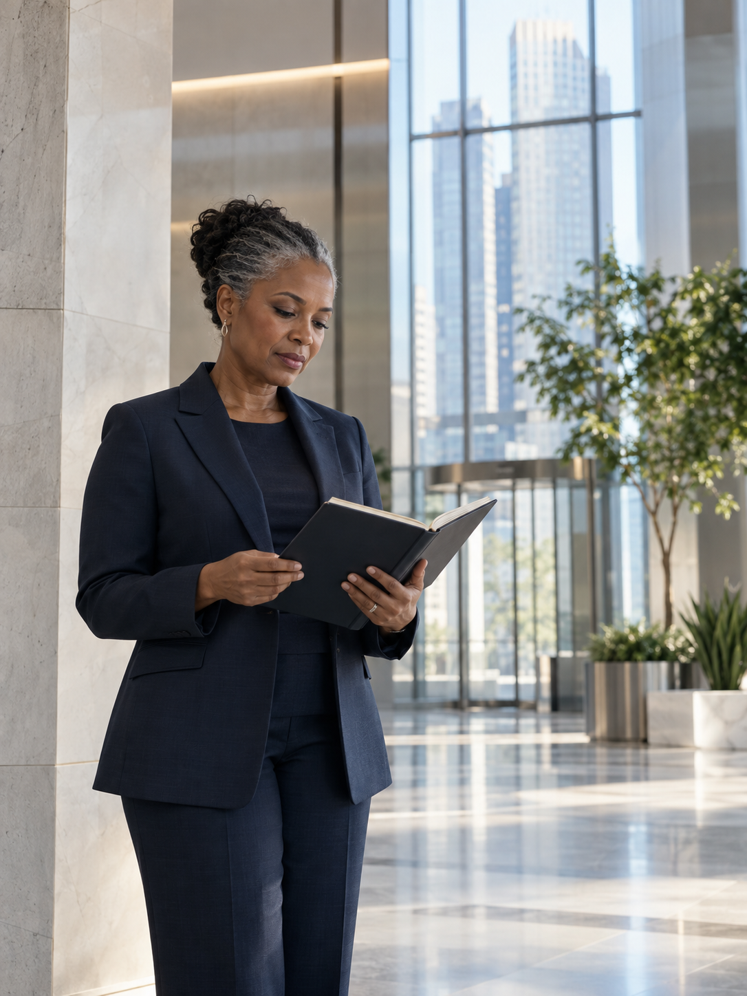 A CEO reviewing a focused strategy notebook in a clean modern office lobby