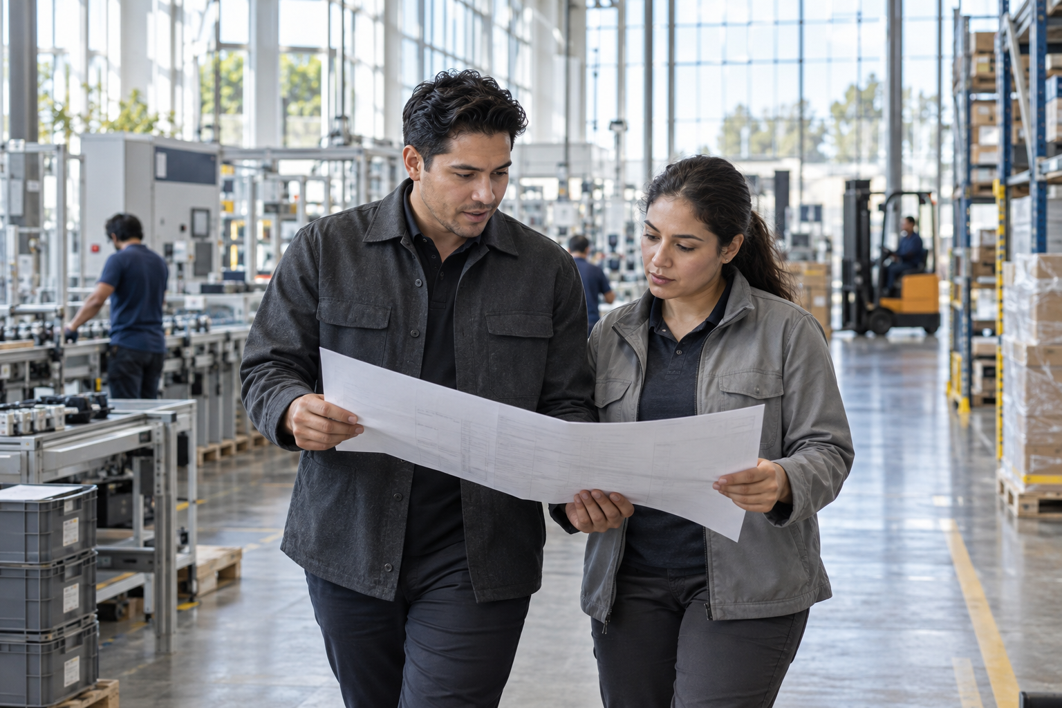 An operations team reviewing a practical process map on a bright manufacturing floor