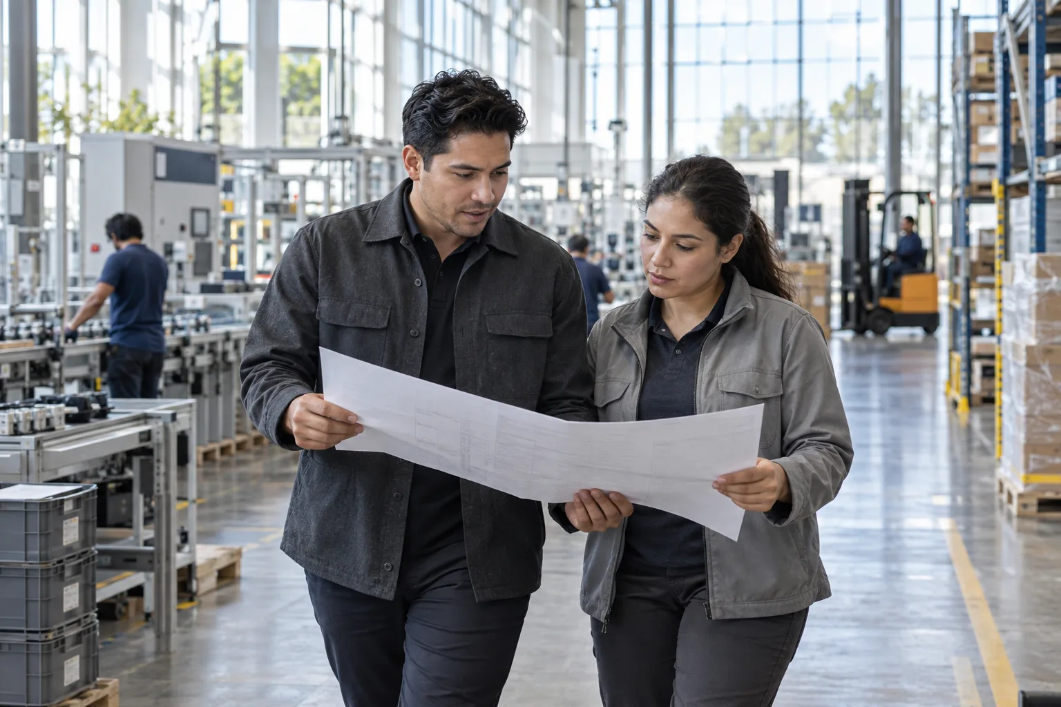 An operations team reviewing a practical process map on a bright manufacturing floor