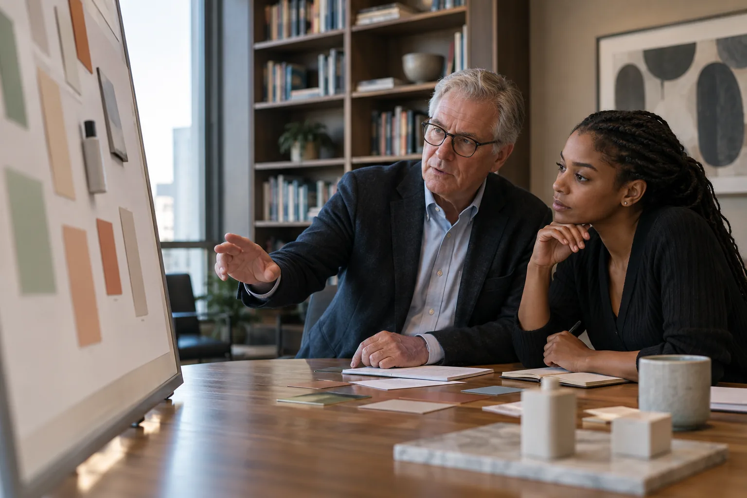 Two colleagues review a positioning board to turn a commercial claim into practical messaging.
