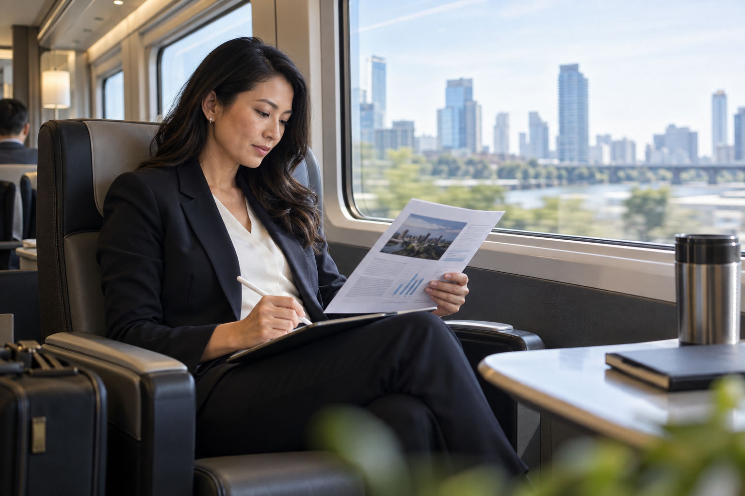 A B2B revenue leader preparing tailored follow-up material while travelling between client meetings