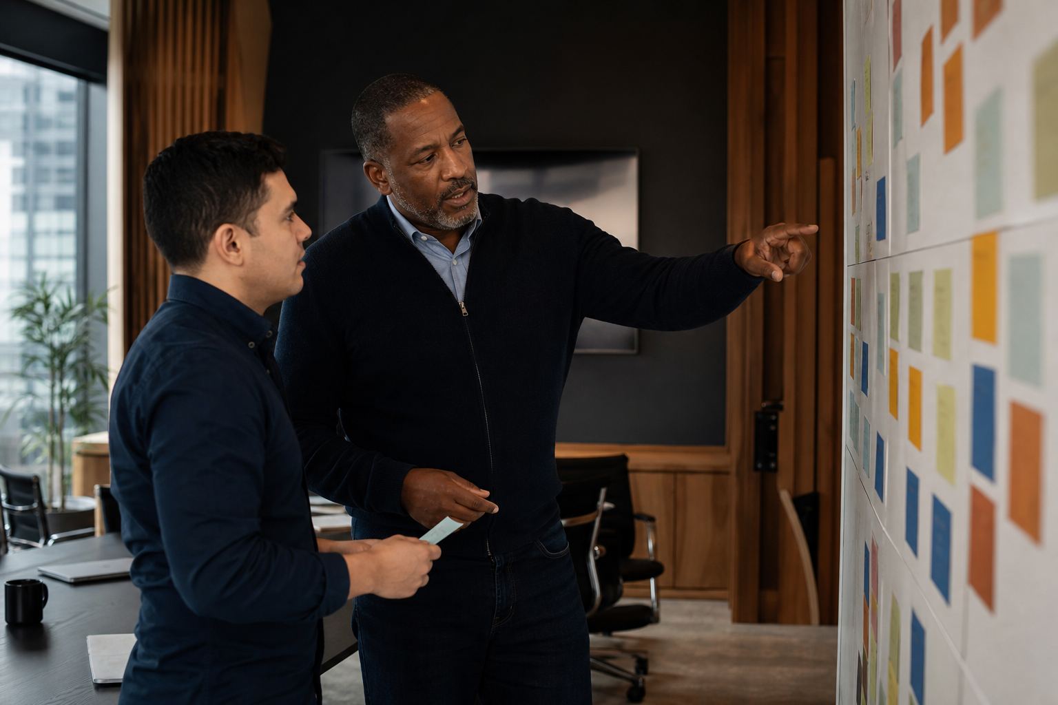 Two revenue leaders reviewing opportunity health on a physical deal-review board