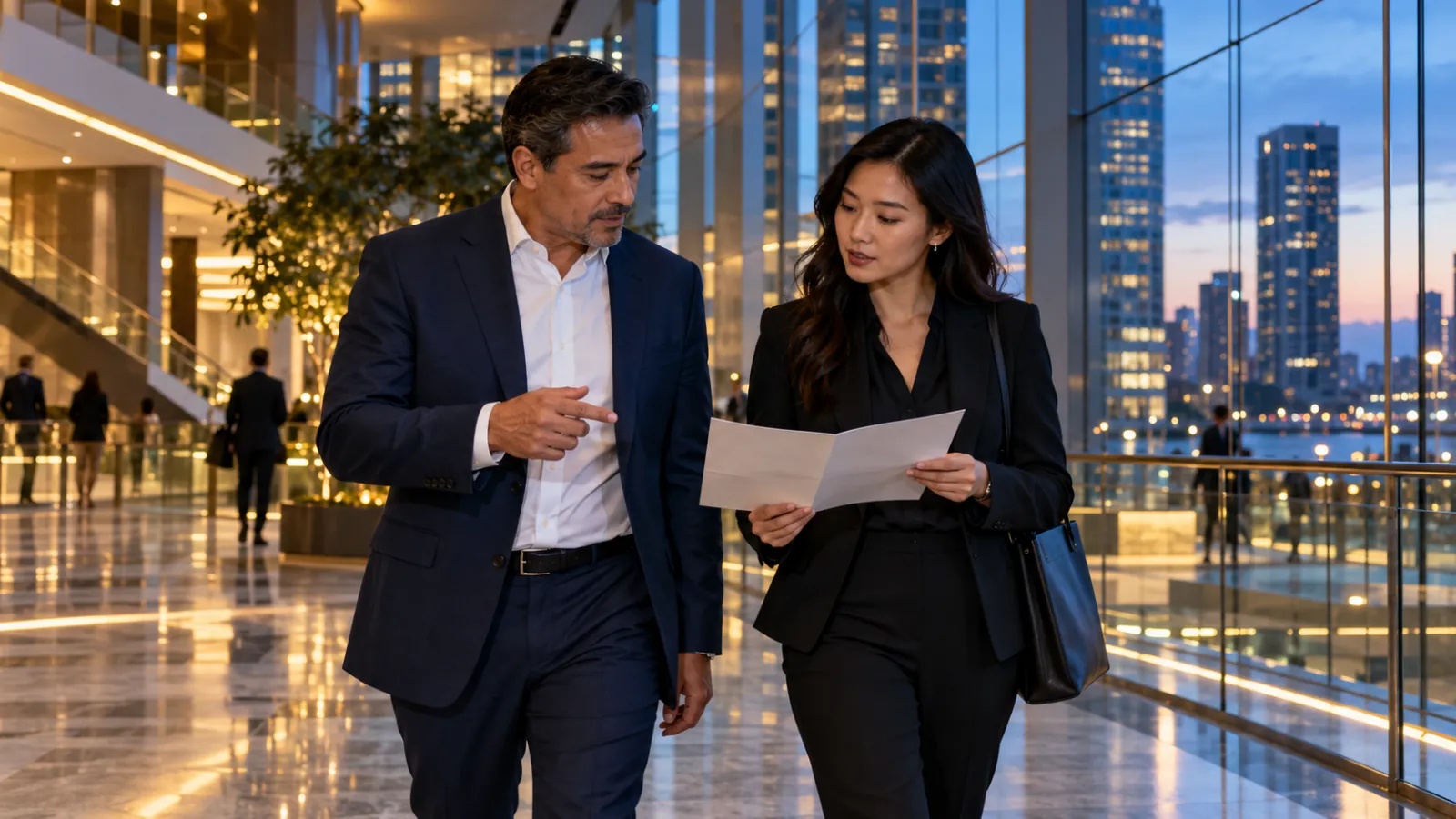 A CEO and sales leader compare a client briefing in a city atrium after a meeting.