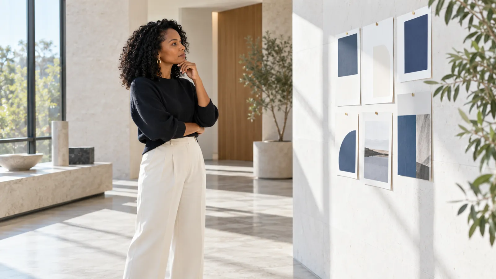 A founder reviews visual message themes in a bright architectural studio.