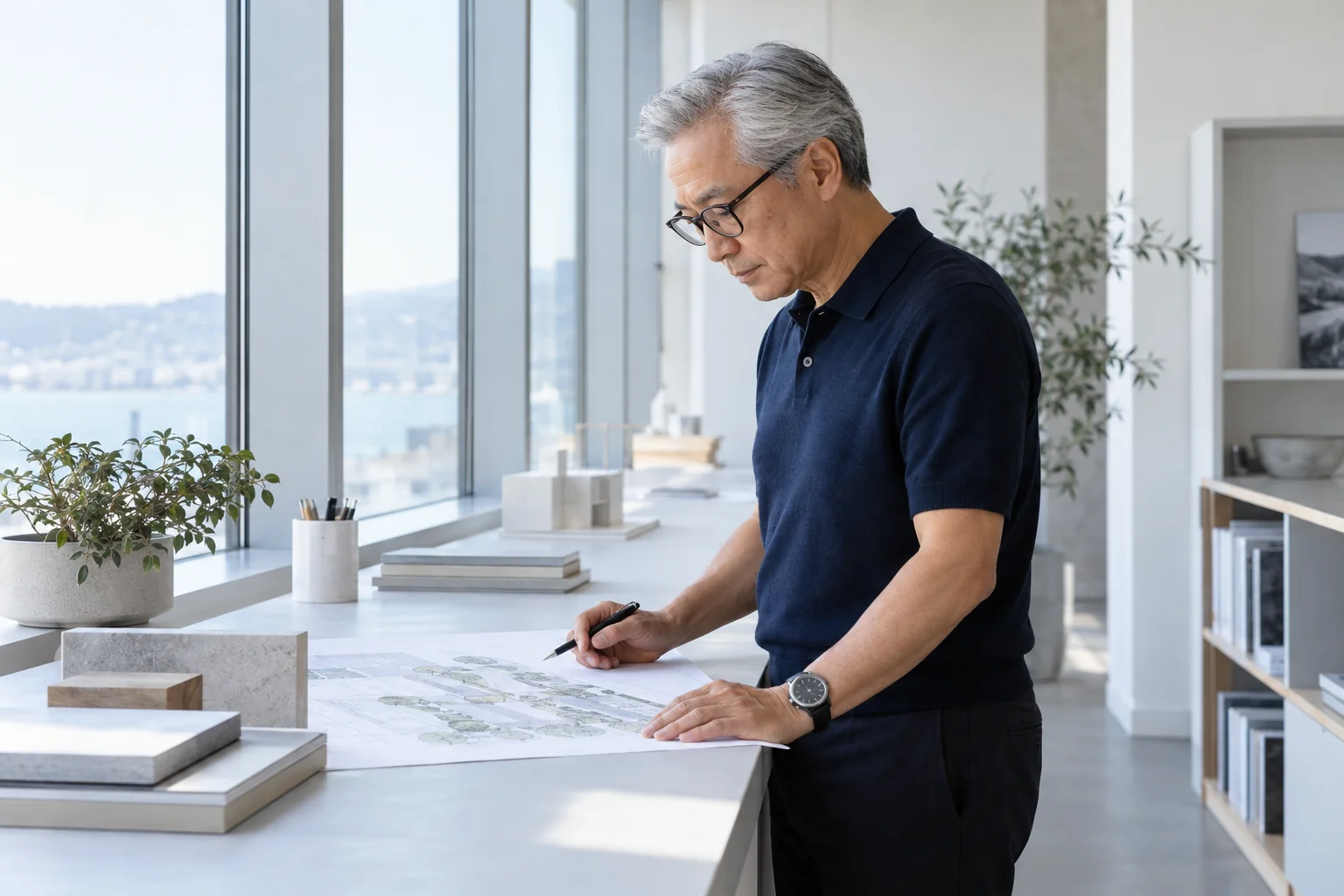 Advisory founder reviewing a project plan at a bright studio counter