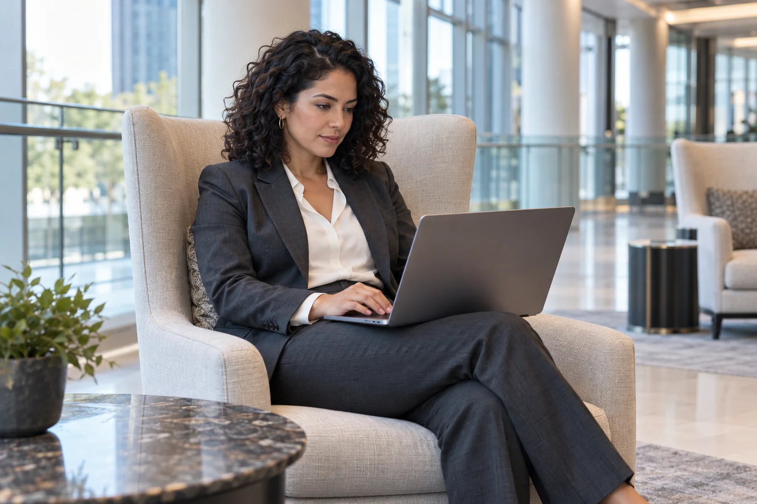 Consulting founder reviewing messages on a laptop in a quiet conference lounge