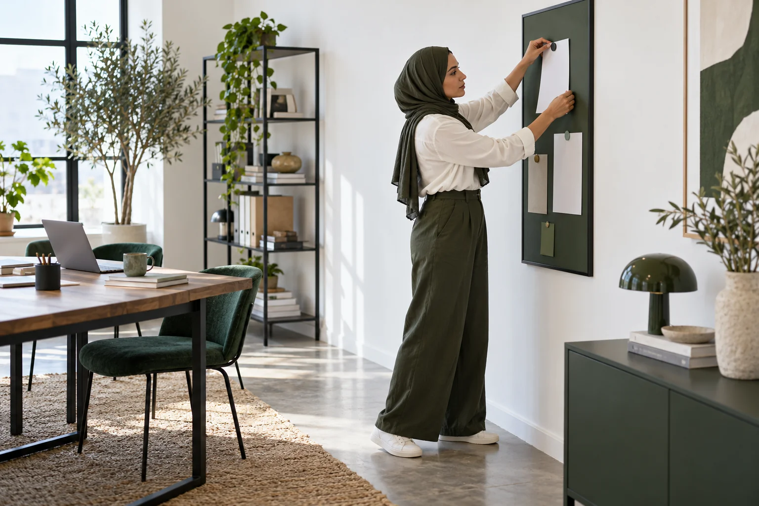 A content strategist placing a page on a small planning board in a bright studio
