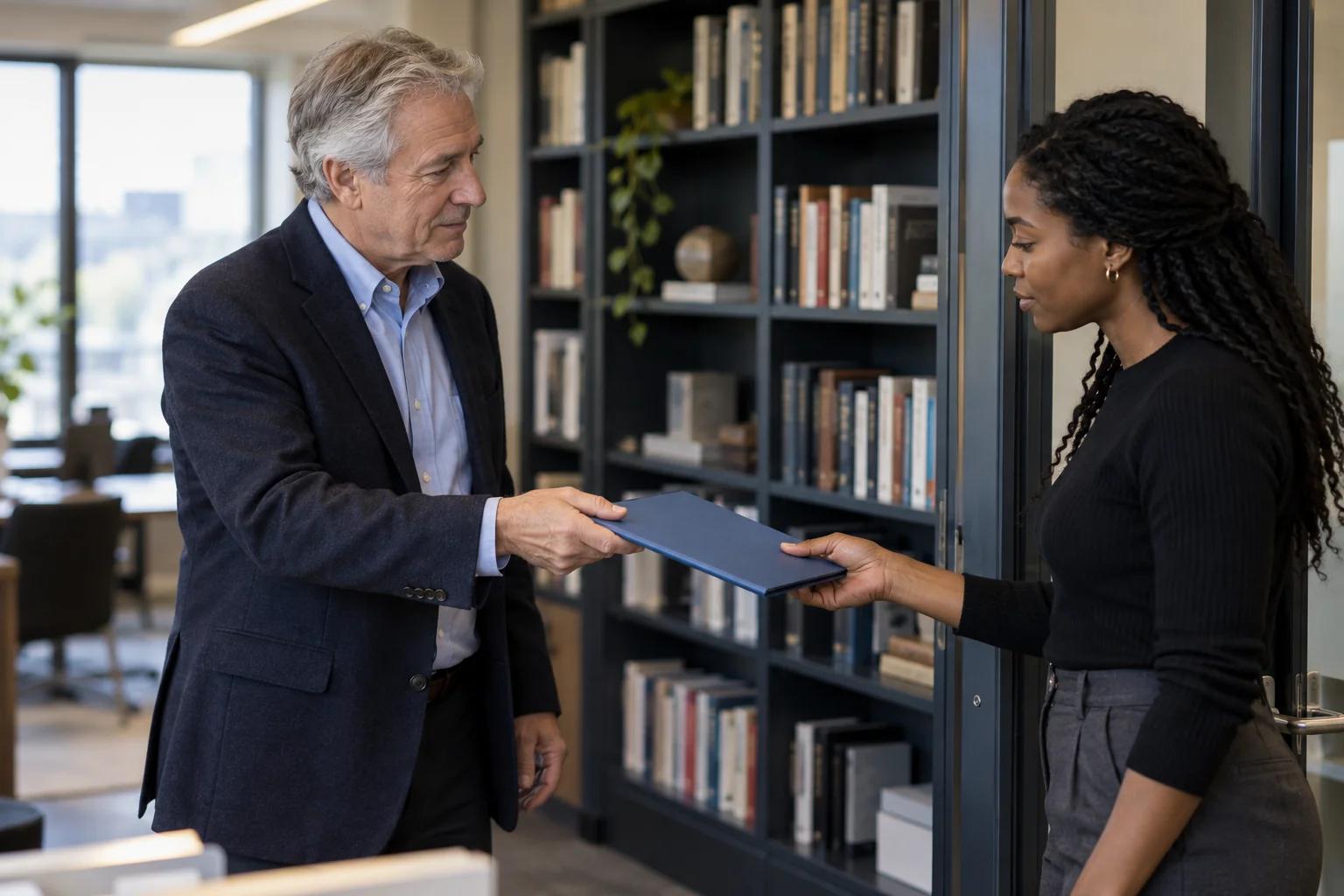 An editorial lead handing a closed project folder to a writer at an office library doorway