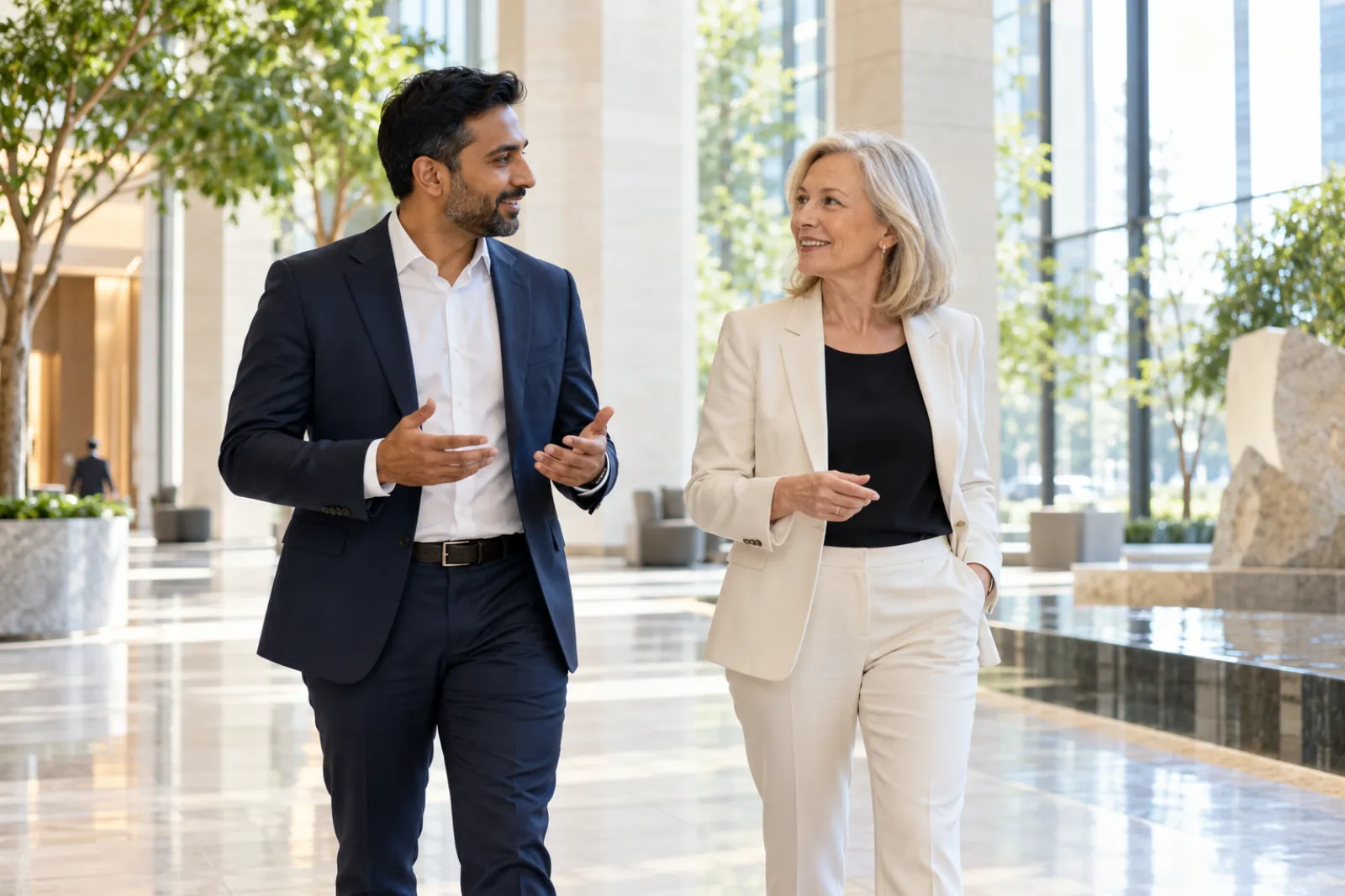 A senior client executive and account director walking through a modern building lobby after a focused progress review, natural daylight, no posed handshake