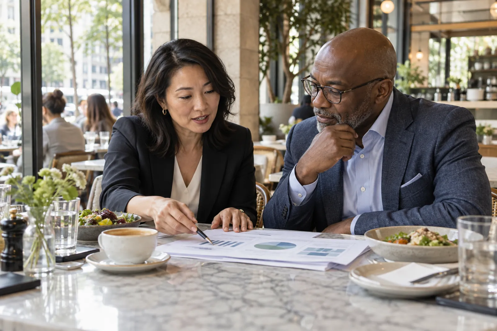 A customer-success lead and a B2B client reviewing a clear first-quarter plan during a working lunch in a bright urban cafe