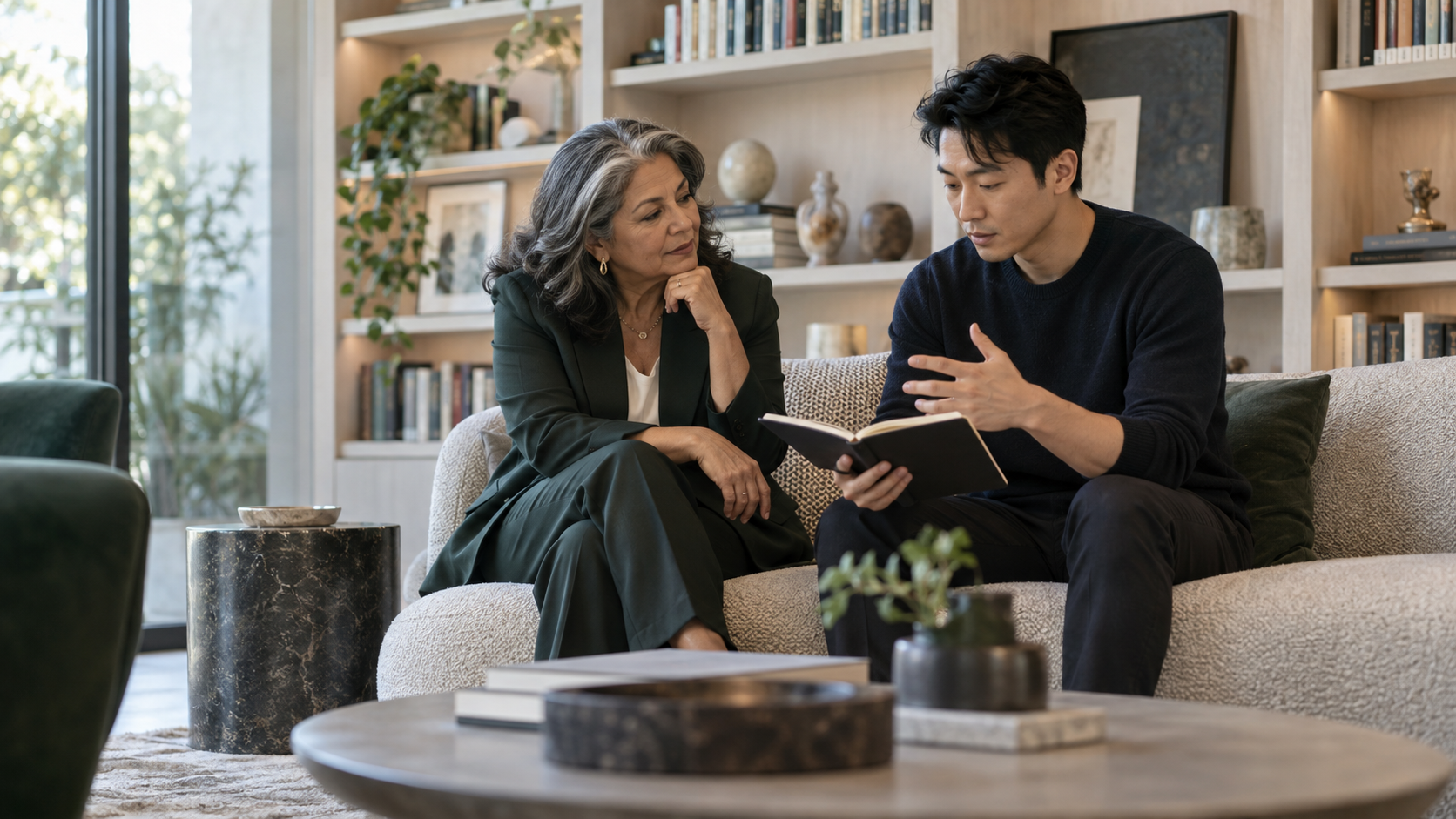 Senior CEO coaching a younger founder through a strategic discussion