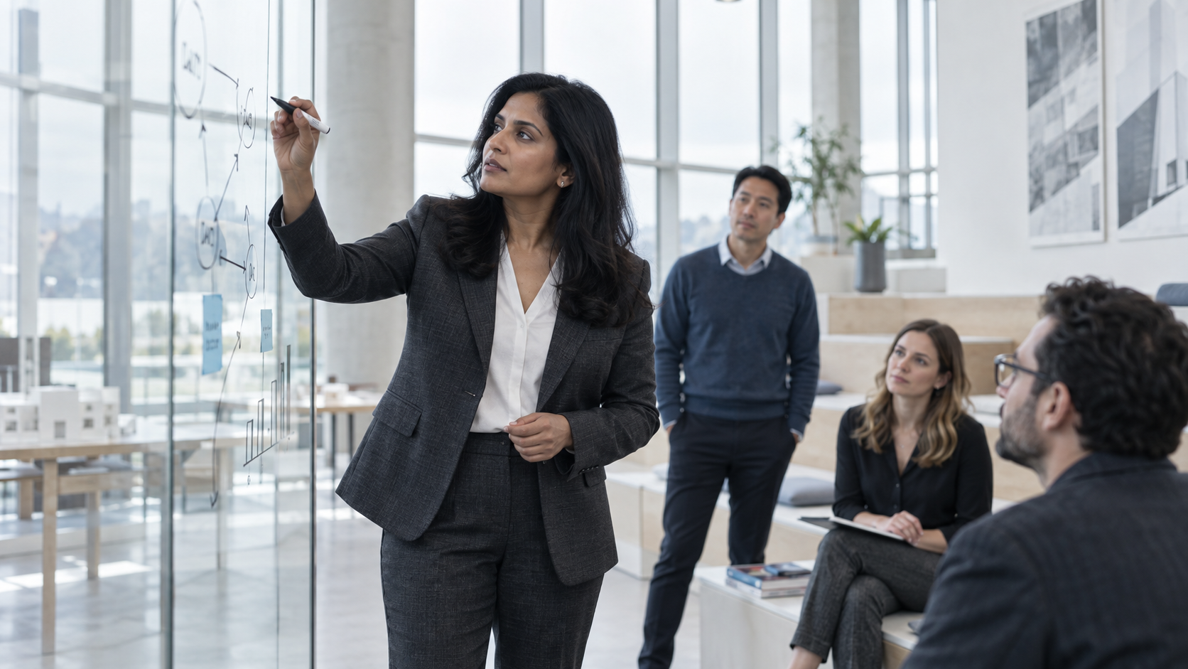 Executive leading a focused strategy workshop in a bright architectural studio