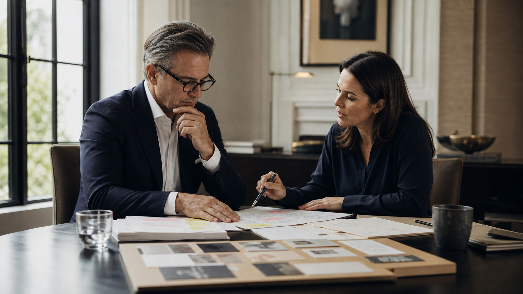Executive and strategist reviewing evidence for a personal-brand position