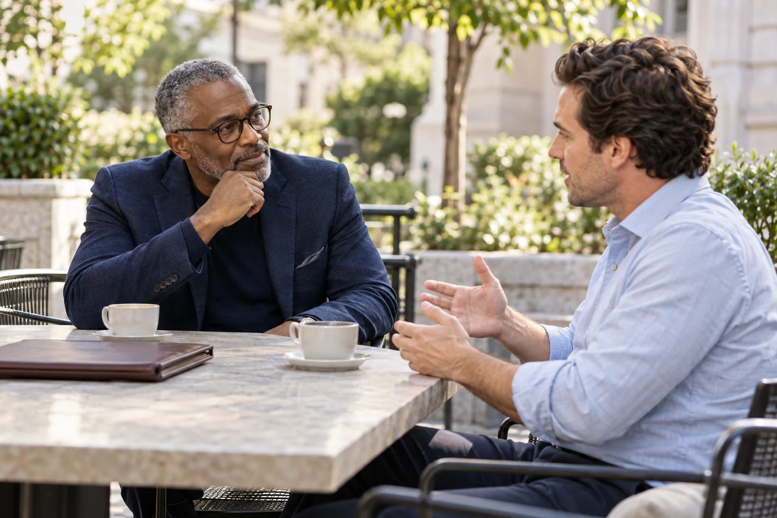 A consulting founder listening to a client’s questions during a quiet working lunch on a city terrace.