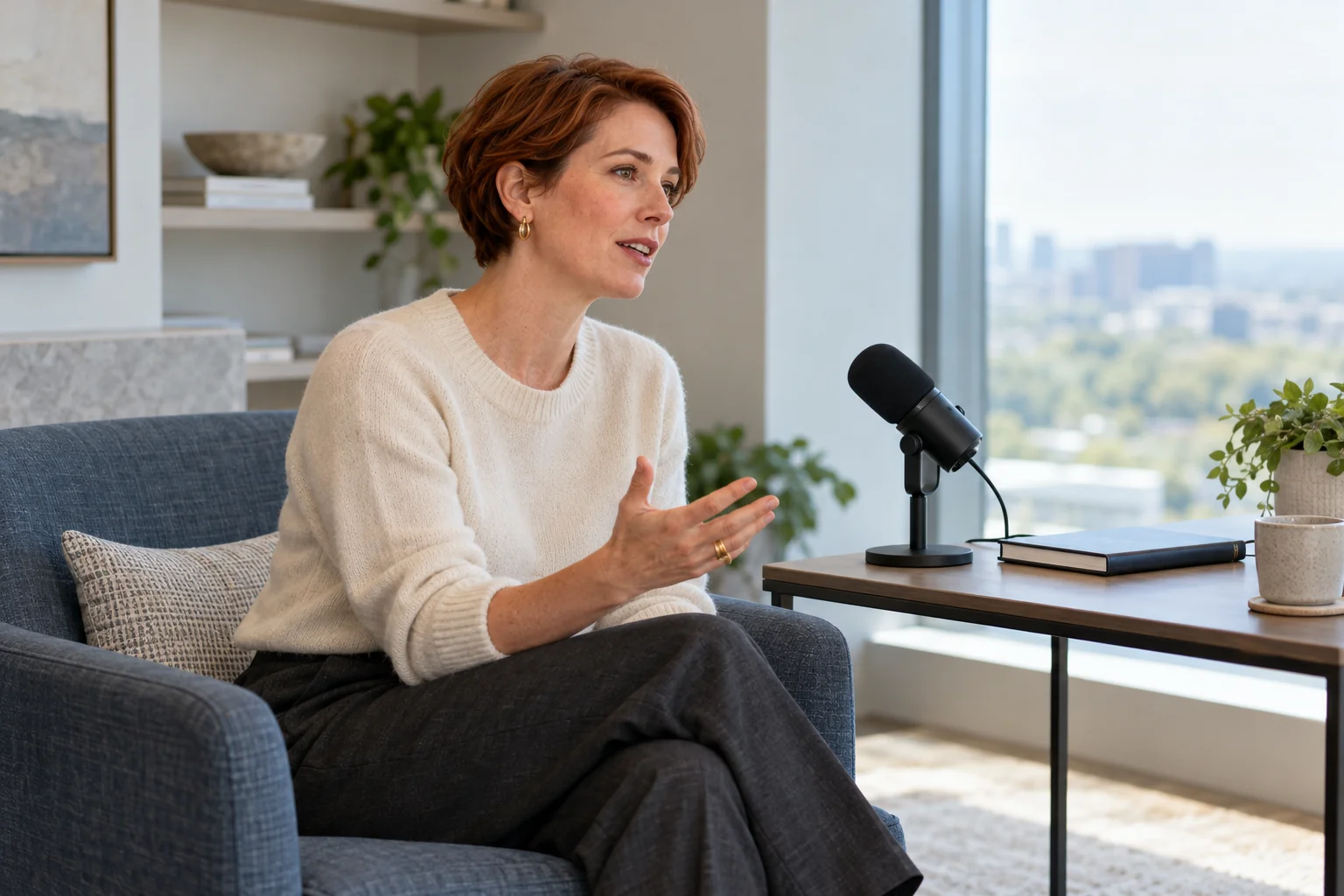 A professional-services founder recording an explanation of her approach in a quiet executive office.
