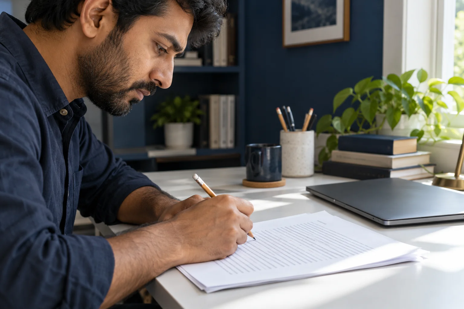 An editor using a pencil to revise a printed manuscript beside a closed laptop