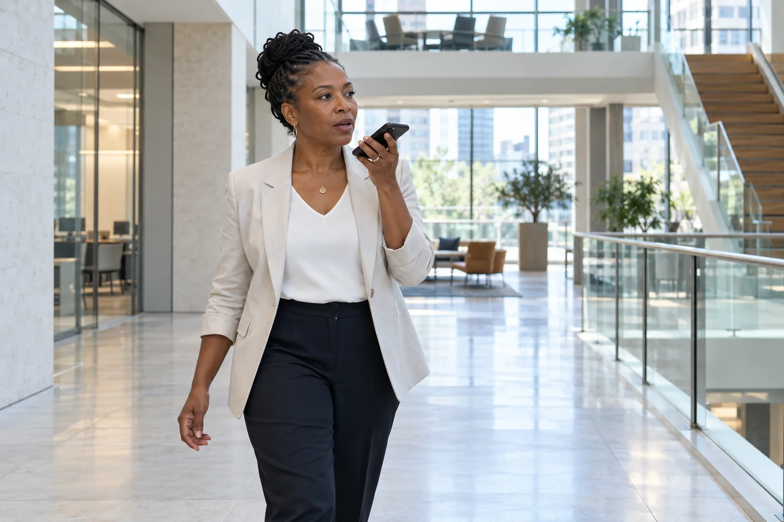 An executive recording a voice memo while walking through a bright office atrium