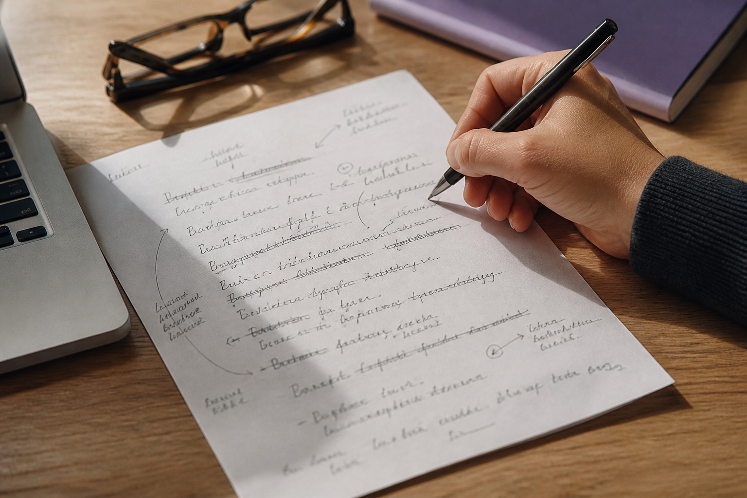 A LinkedIn post draft covered with handwritten edits and crossed-out phrases