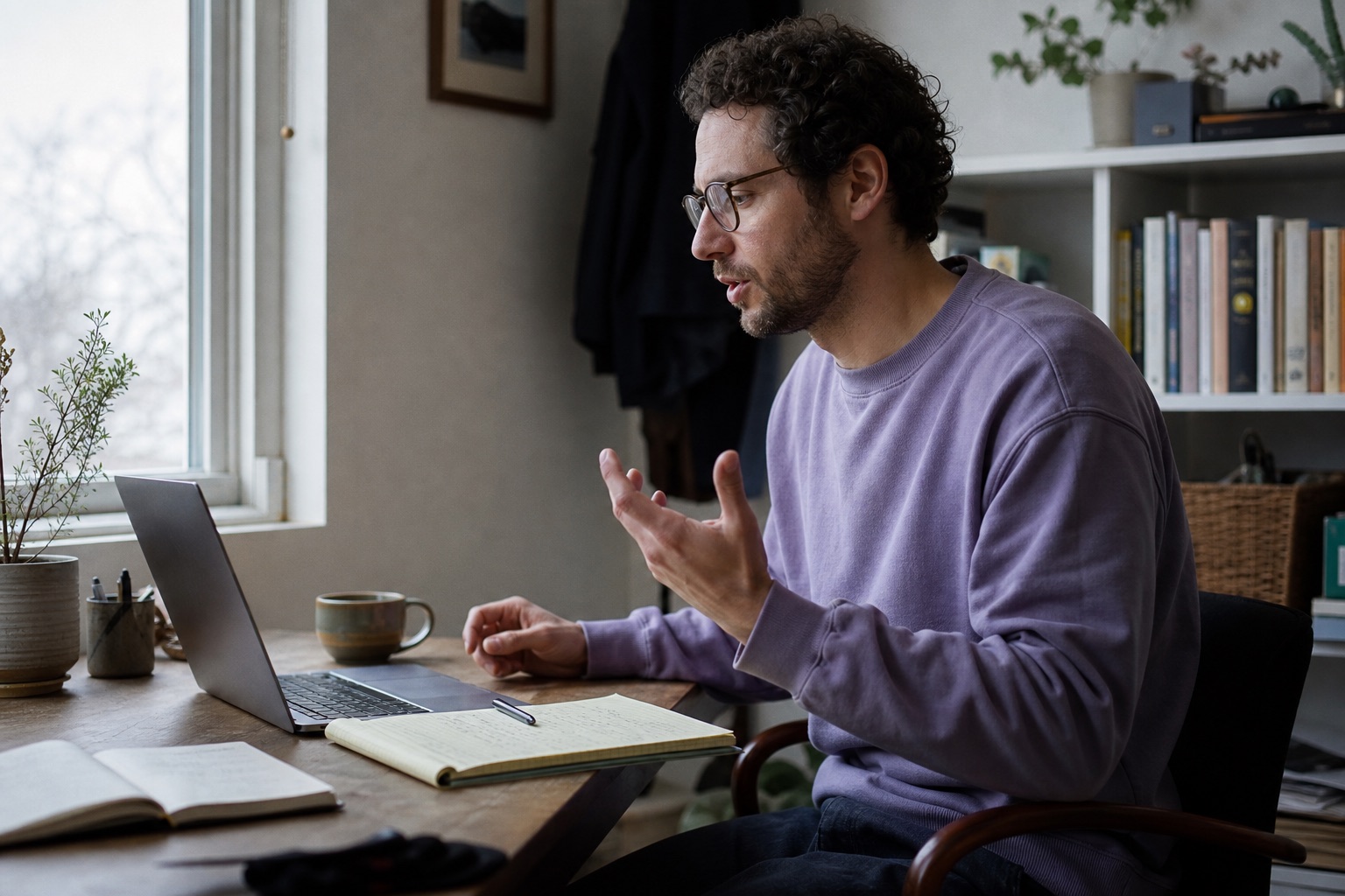A founder reads a LinkedIn draft aloud while editing at a home-office desk