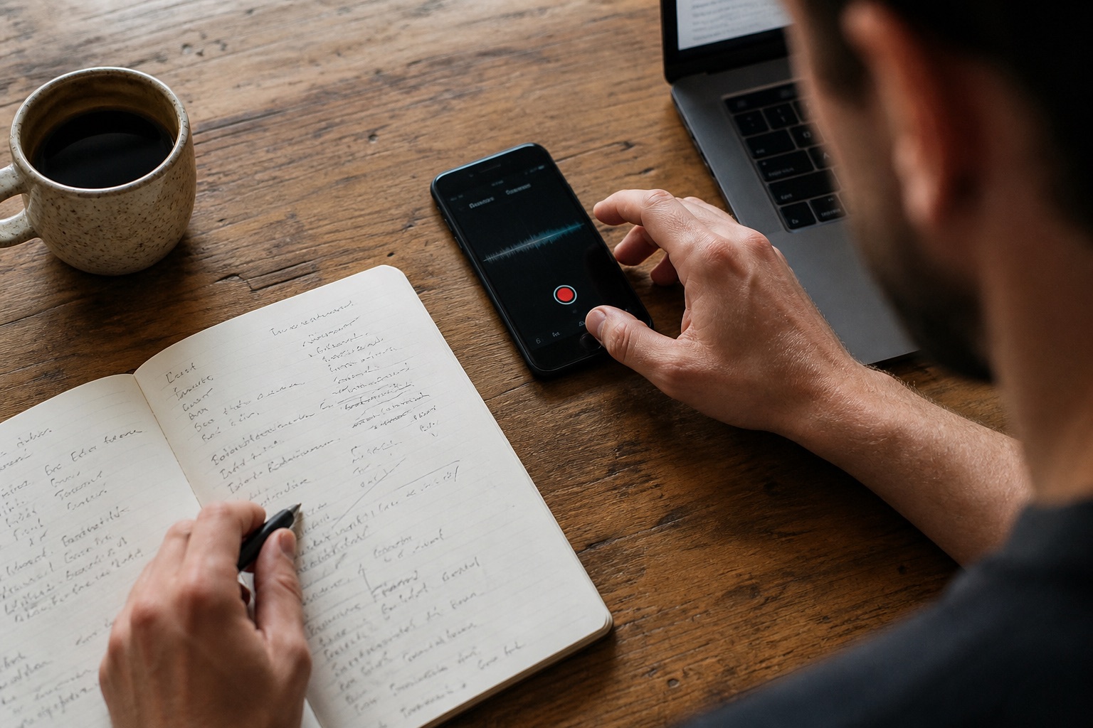 A founder records a voice note beside a notebook before drafting a LinkedIn post
