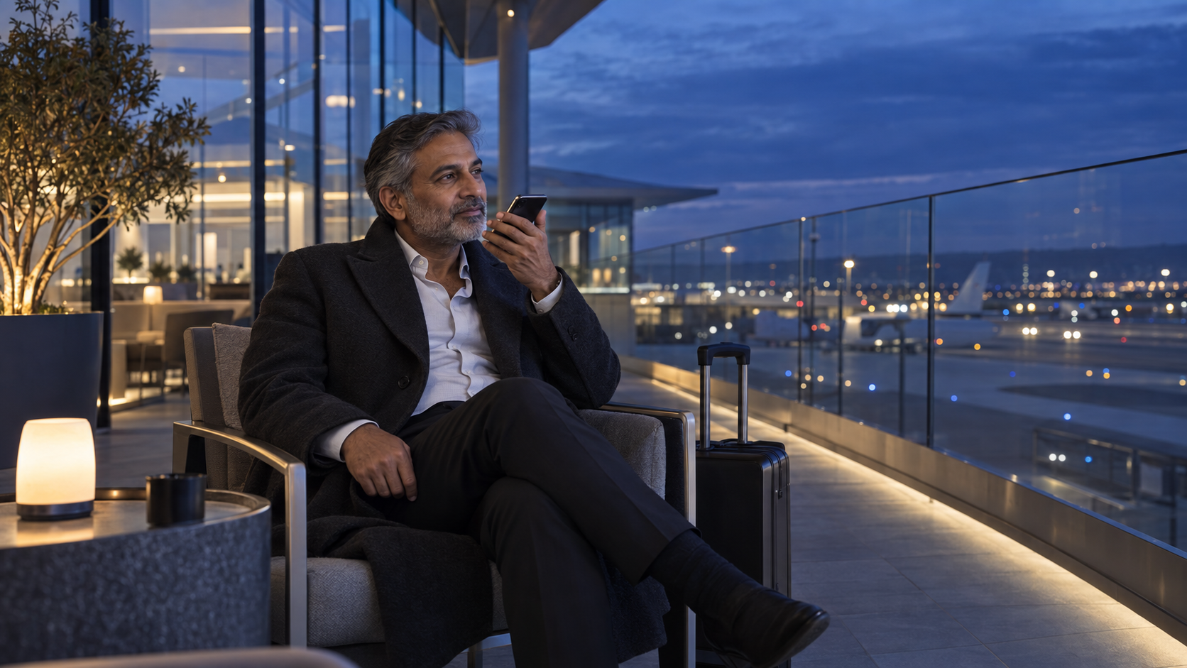 A product executive recording a thoughtful voice note while travelling between client meetings