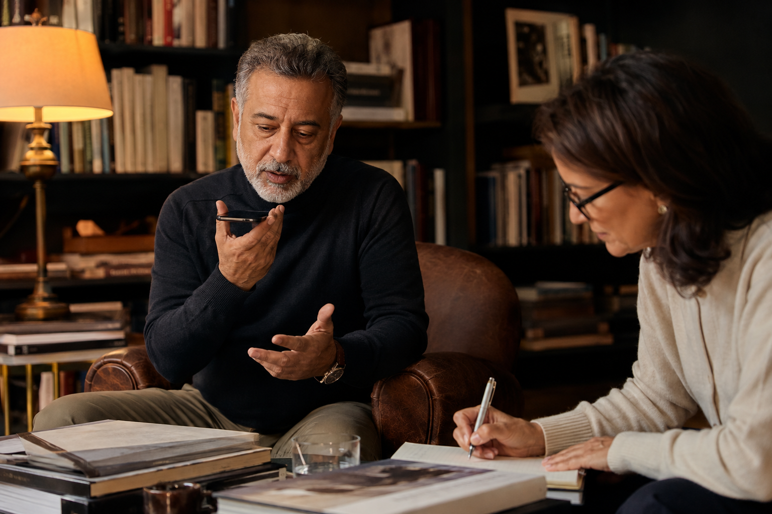 An executive capturing a real insight while a strategist turns it into a repeatable content system