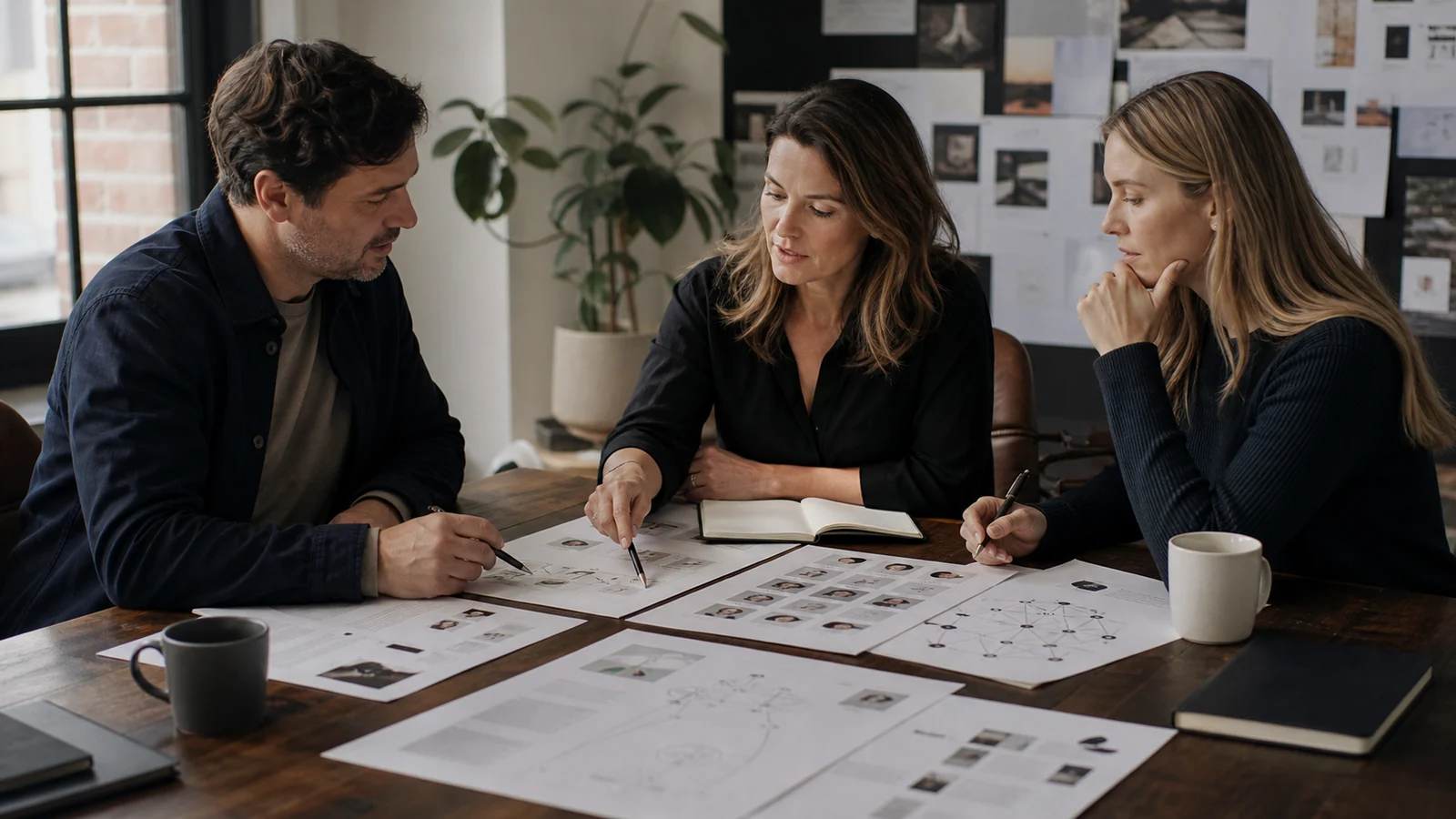 A small expert team reviewing a founder-led content and relationship plan