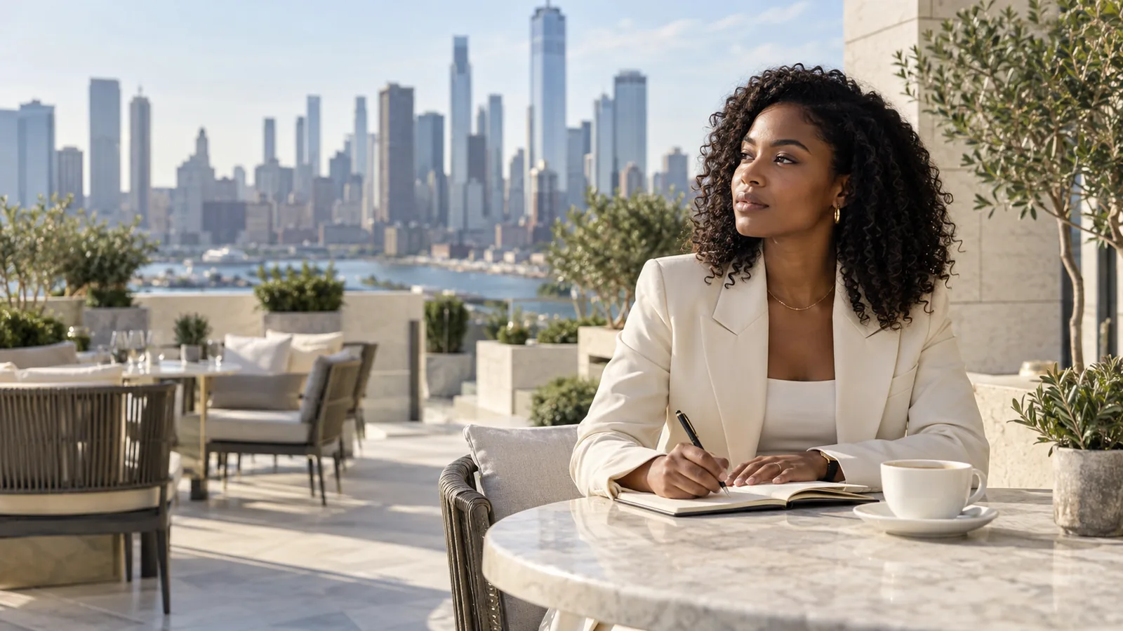 Founder taking notes on a rooftop terrace with a city skyline