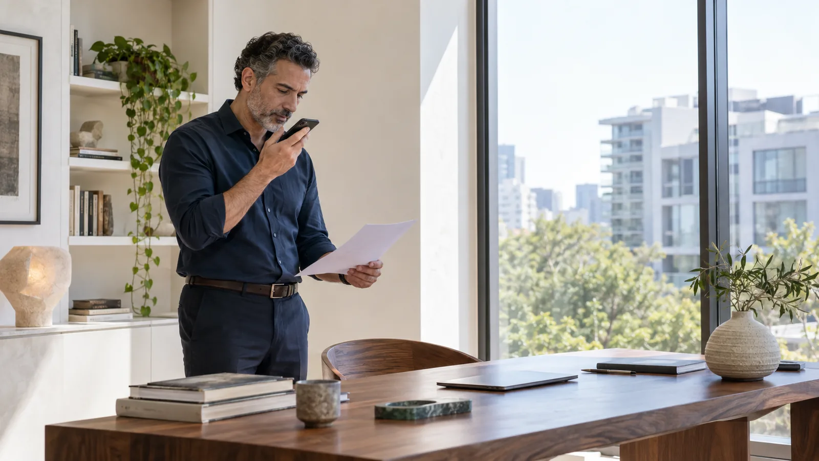 Founder recording a voice note while reviewing a business document in a home study