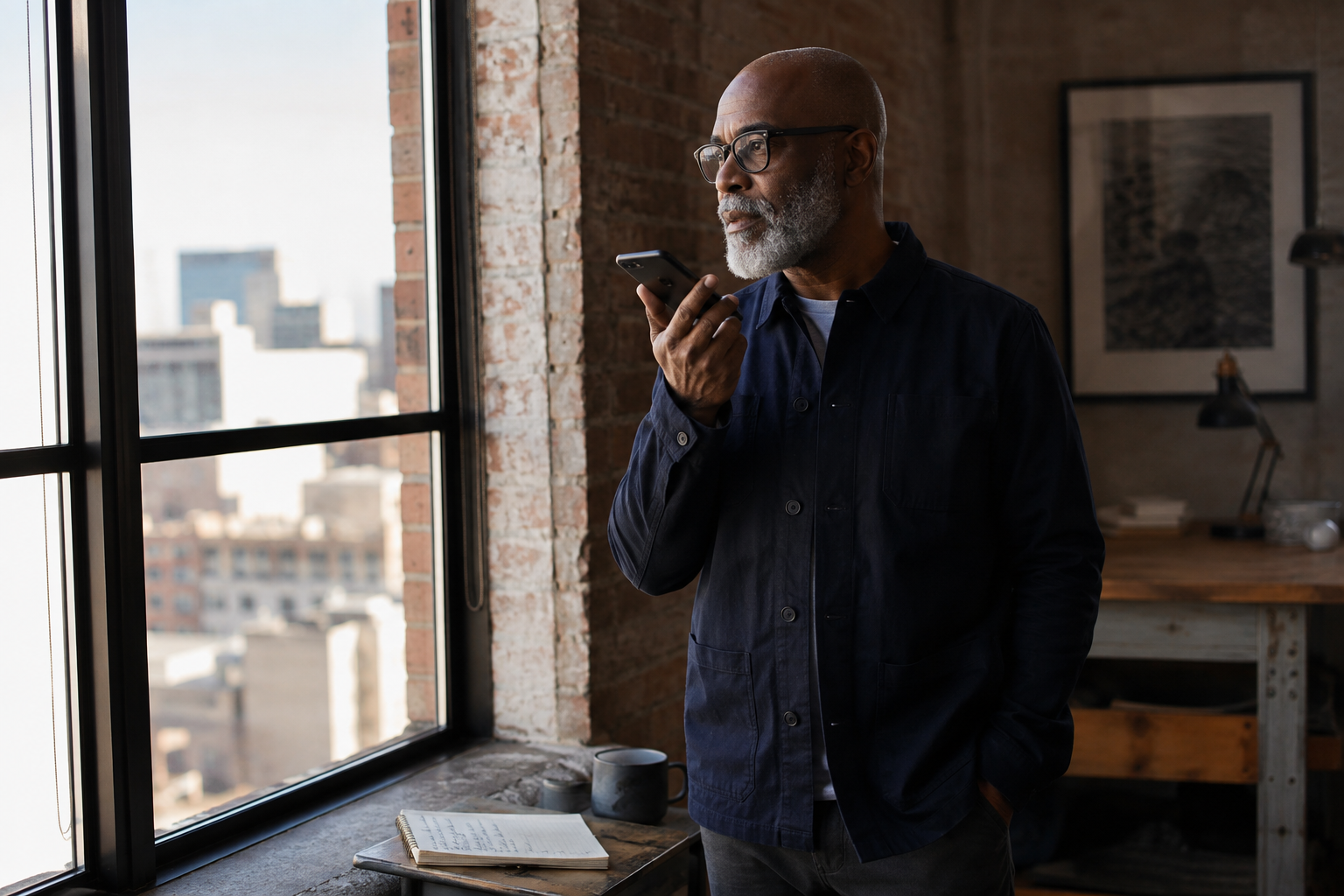 A founder capturing a voice note from real operating experience for a credible LinkedIn profile and content system
