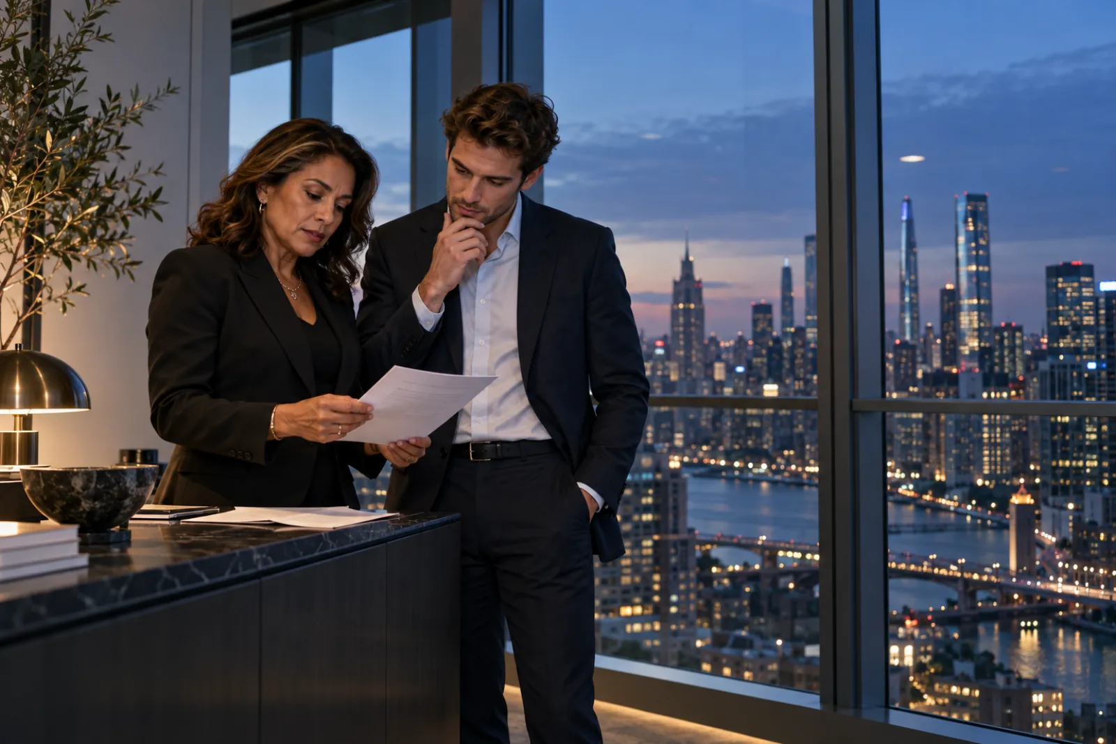 Two senior commercial leaders reviewing an attribution decision in a glass-walled city office at dusk, discreet data notes on paper, no screens or logos