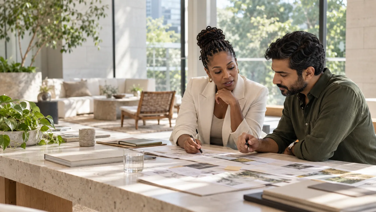 A revenue leader reviewing a buyer-journey evidence trail with a colleague in a bright contemporary client studio