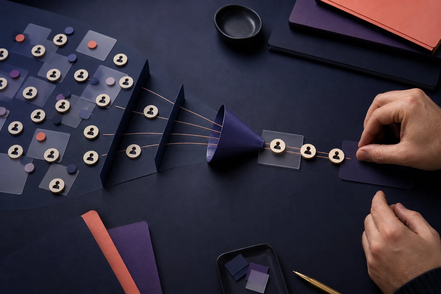 A tactile prospecting funnel narrowing a broad account field into qualified opportunities